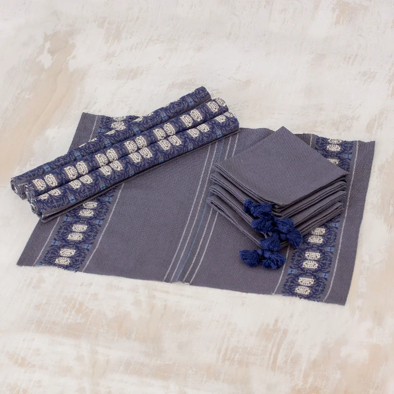 Striped Paths in Graphite Cotton Table Linen Set (4) in Graphite from Guatemala