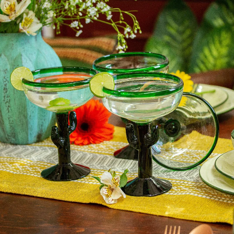 Sweet Saguaro Hand Blown Cactus Motif Margarita Glasses (Set of 4)