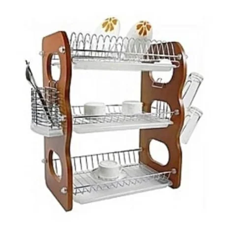 3 Layer Wooden Dish Drainer With Cup And Cutlery Holder